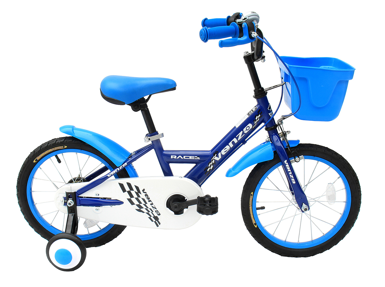 blue bike with training wheels