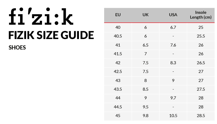 Fizik Road Shoe Size Chart